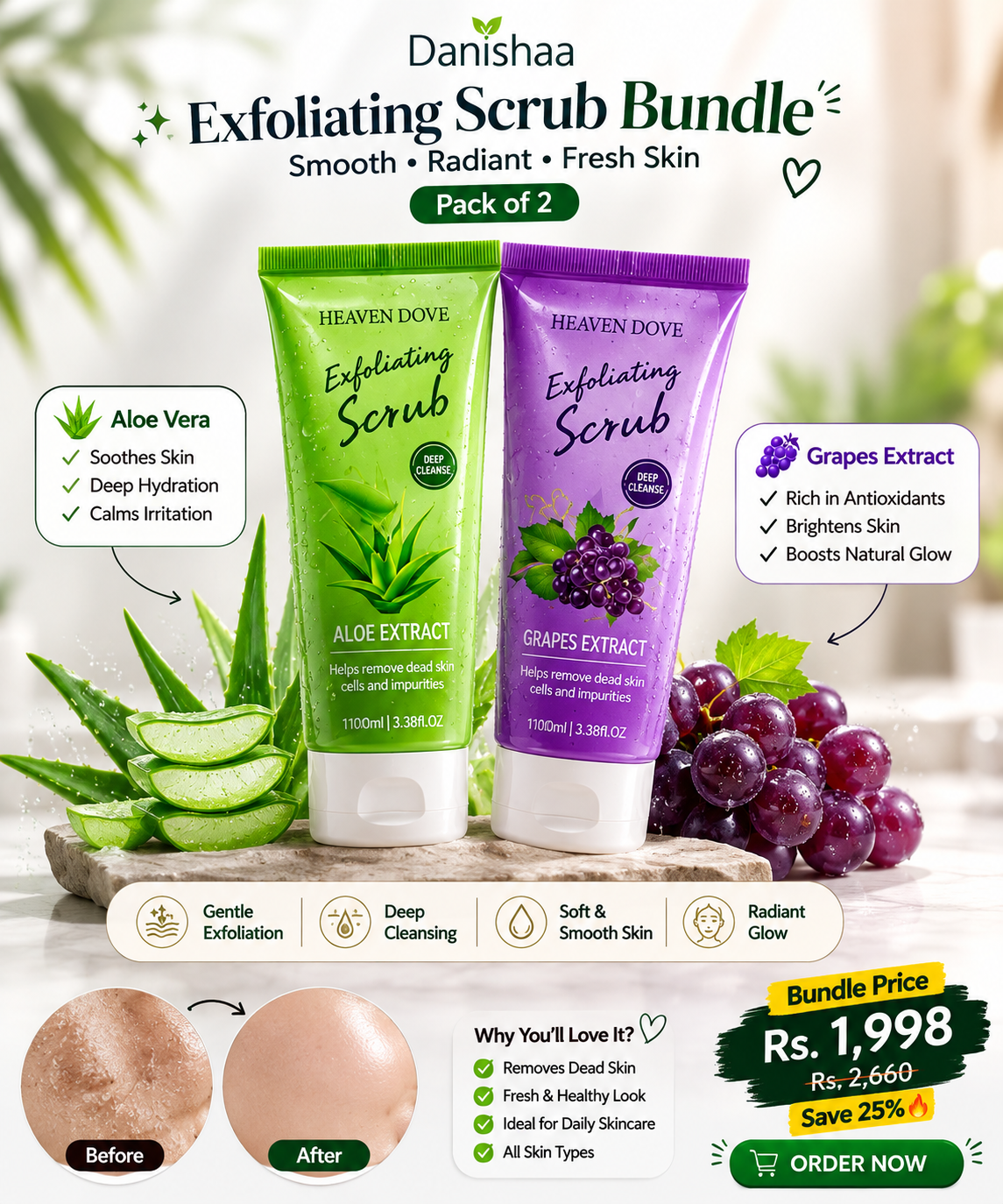 🌿 Heaven Dove Exfoliating Scrub Bundle – Aloe Vera + Grapes Extract | Pack of 2