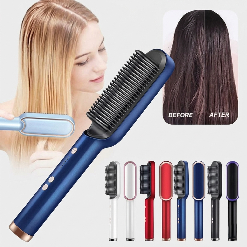 Hair Straightener Ceramic Hot Comb 2 in 1 Electric Straighten Hair Brush Negative Ion Anti-scalding Styling Tool